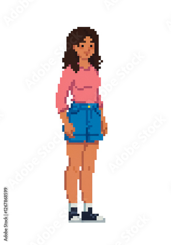 vector illustration of a girl against simple background ideal to use as negative space to add text, illustration in pixelated style