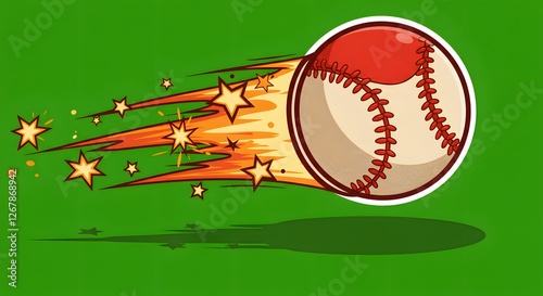 Fast Cartoon Baseball with Flames and Stars on Green Background