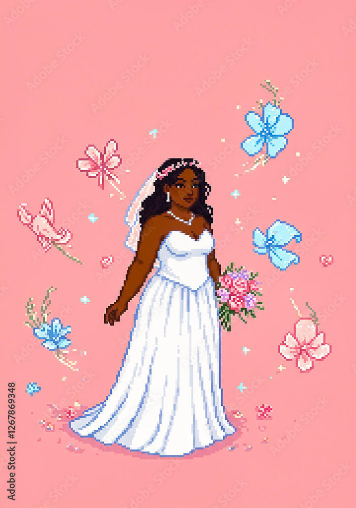 beautiful bride in wedding dress against simple background ideal to use as negative space to add text, illustration in pixelated style beautiful bride in wedding dress against simple background ideal to use as negative space to add text, illustration in pixelated style