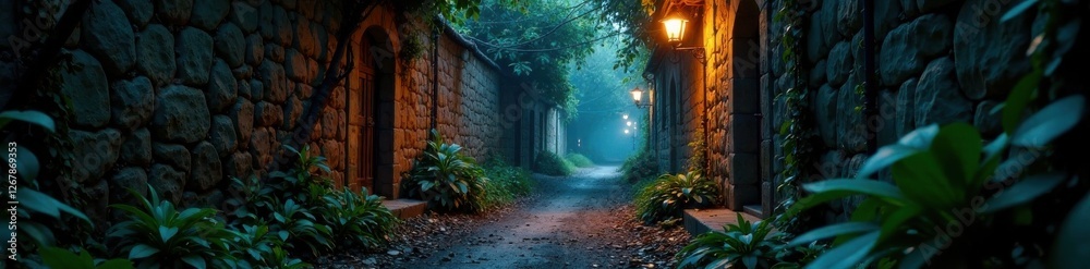 Obraz premium Mysterious dimly lit alley with crumbling stone walls and overgrown vegetation, alleys, abandoned