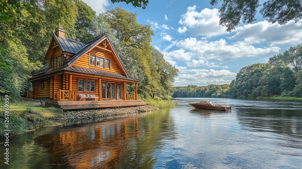 beautiful riverside cabin with wooden architecture, green trees and water reflection, relaxing summer vacation spot, nature retreat with a scenic view, perfect outdoor getaway with boat ride beautiful riverside cabin with wooden architecture, green trees and water reflection, relaxing summer vacation spot, nature retreat with a scenic view, perfect outdoor getaway with boat ride