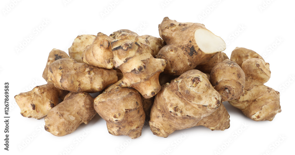 Fresh Jerusalem artichokes isolated on white. Root vegetable Fresh Jerusalem artichokes isolated on white. Root vegetable