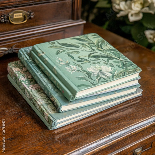 Stacked floral notebooks on antique wooden dresser photo