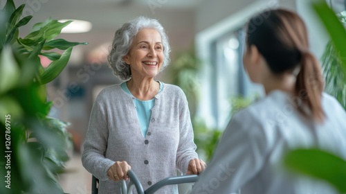 Doctor and elderly woman with a walking frame in a modern rehabilitation center, focusing on healthcare and support