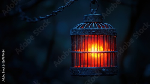 Glowing caged lantern hangs in dark forest at night