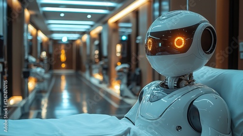 A futuristic robot is depicted in a sleek, modern corridor, showcasing advanced technology. Its friendly design contrasts with the sterile surroundings. photo