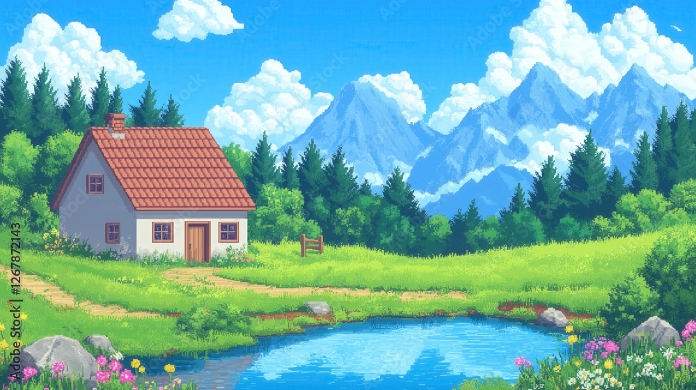 Fototapeta premium Pixel Art Tranquil Mountain Landscape with House, Pond, and Lush Greenery