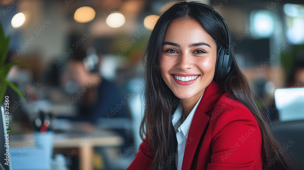 Smiling woman with headset, possibly in a customer service role or attending a virtual meeting. She is wearing a red business jacket. Smiling woman with headset, possibly in a customer service role or attending a virtual meeting. She is wearing a red business jacket.