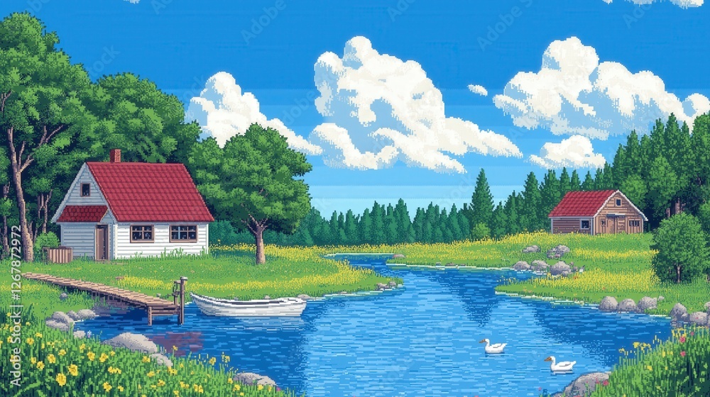 Obraz premium Pixel Art Serene countryside landscape with charming cottages and peaceful waterway