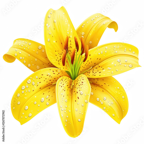 Realistic yellow lily flower with water droplets, delicate petals and natural beauty, vibrant and fresh, isolated on transparent background. Generative Ai. photo