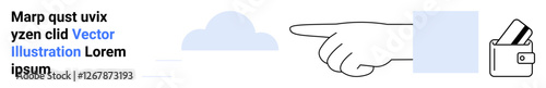 Hand points at a wallet holding a credit card, blue cloud in background. Ideal for financial services, banking, online payments, security, digital transactions, e-commerce, technology concepts