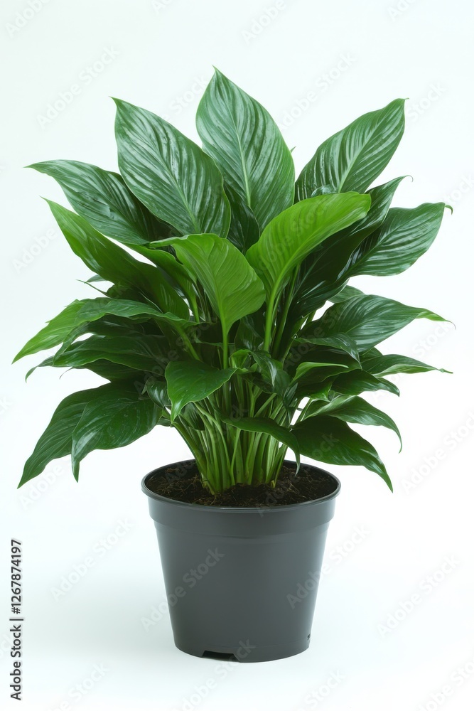 Vibrant Spathiphyllum plant thriving in a minimalist home setting with clean white background Vibrant Spathiphyllum plant thriving in a minimalist home setting with clean white background