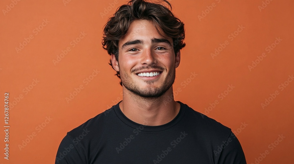 Obraz premium young stylish man in a black t-shirt smiling and standing in front of an orange background, portrait photography of a confident male model with a trendy outfit and charming expression in a studio sett