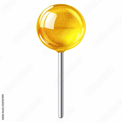 Realistic yellow lollipop with glossy transparent candy, sweet and shiny treat, isolated on transparent background. Generative Ai. photo