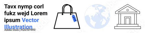 Shopping bag with a price tag, globe representing global context, and bank building outline. Ideal for commerce, retail, globalization, finance, trade saving and economy concepts. Perfect as a flat