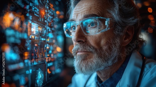 An elderly European scientist with gray hair and glasses focuses intently on futuristic displays of data and technology in a lab setting. photo