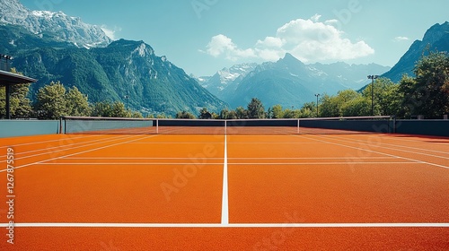 outdoor tennis court with a bright orange surface and a net, professional sports field with white lines, empty recreational area for training, competition, or exercise in a peaceful environment