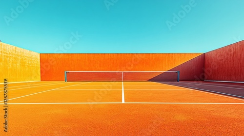 outdoor tennis court with a bright orange surface and a net, professional sports field with white lines, empty recreational area for training, competition, or exercise in a peaceful environment