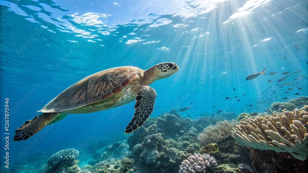 Obraz premium Close-up of a turtle swimming in a clear blue ocean, vibrant coral reefs below, small fish nearby, sunrays filtering through the water. Ultra-detailed, high-resolution 8K.