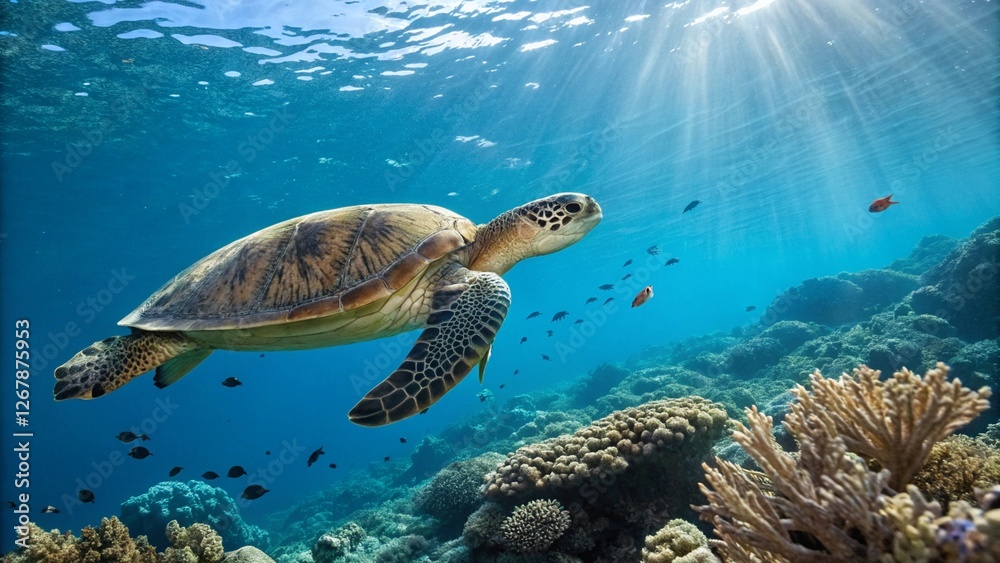 Fototapeta premium Close-up of a turtle swimming in a clear blue ocean, vibrant coral reefs below, small fish nearby, sunrays filtering through the water. Ultra-detailed, high-resolution 8K.