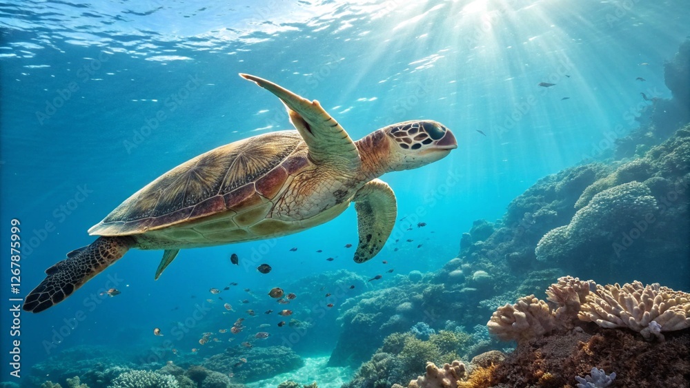Obraz premium Close-up of a turtle swimming in a clear blue ocean, vibrant coral reefs below, small fish nearby, sunrays filtering through the water. Ultra-detailed, high-resolution 8K.