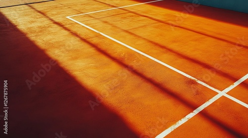 outdoor tennis court with a bright orange surface and a net, professional sports field with white lines, empty recreational area for training, competition, or exercise in a peaceful environment