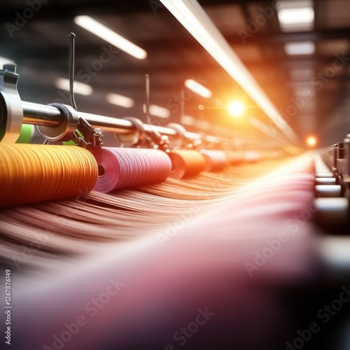 Innovative textile manufacturing process in a minimalist factory setting with vibrant thread colors weaving fabric
