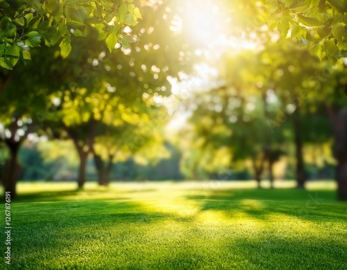 defocused blur background of garden trees in sunlight