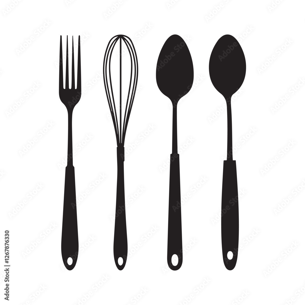 kitchen utensils, black silhouettes, minimalist design, fork, whisk, spoon, ladle, cooking tools kitchen utensils, black silhouettes, minimalist design, fork, whisk, spoon, ladle, cooking tools