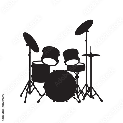 drum kit silhouette, stylized musical instrument, black and white illustration 