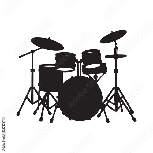 drum kit silhouette, stylized musical instrument, black and white illustration 