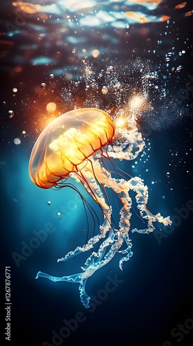 Glowing Jellyfish in Vibrant Underwater Realm with Dynamic Perspective