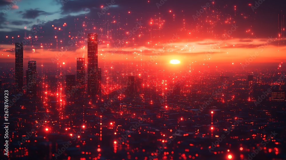 Obraz premium Futuristic cityscape digital holograms glowing lights high resolution hd picture