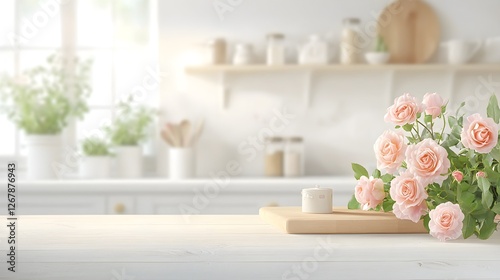 Soft Pink Roses on White Kitchen Counter with Natural Light