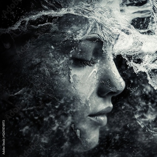 Watery Portrait: A Surreal Monochromatic Face