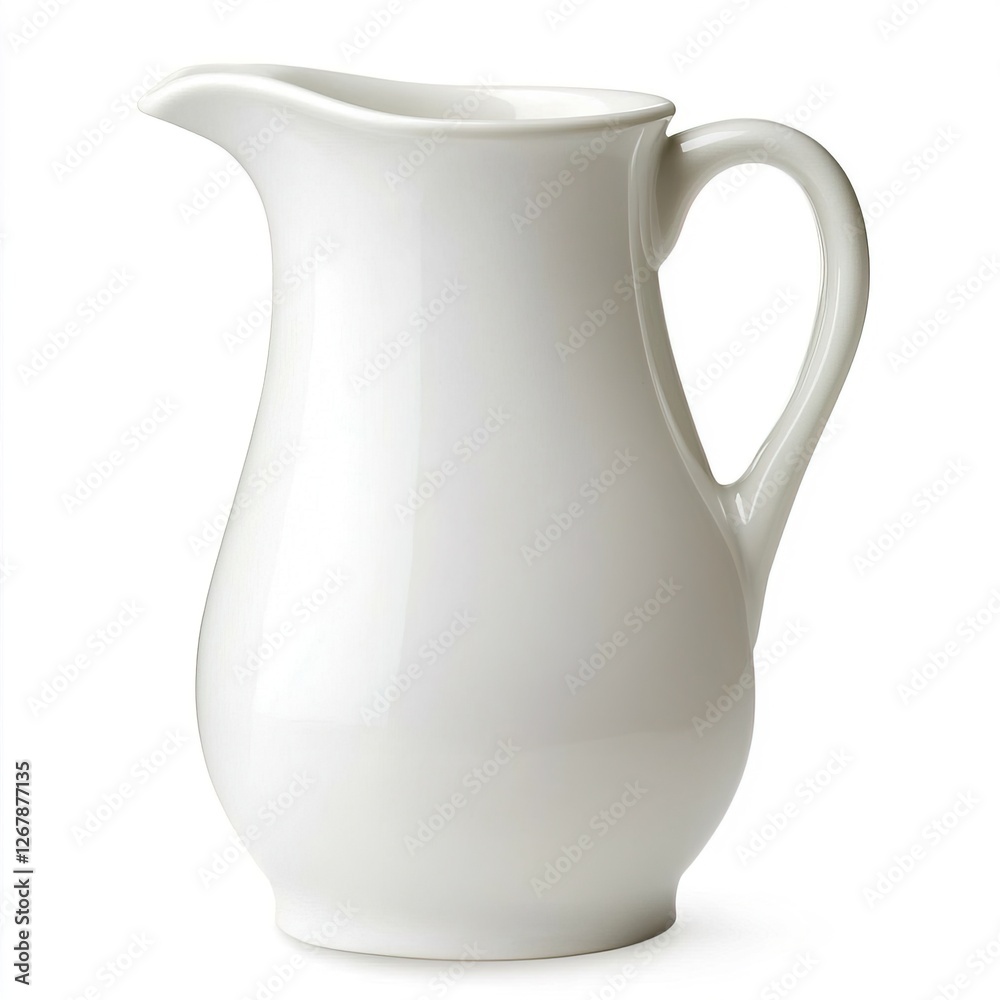 Elegant White Ceramic Jug with Curved Handle for Everyday Use, Hotel supplies concept. Elegant White Ceramic Jug with Curved Handle for Everyday Use, Hotel supplies concept.