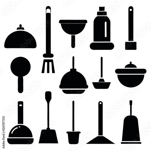 Collection of Black and White Plumbing and Drain Cleaning Tools Icons