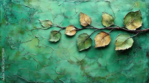 Abstract art, textured leaves, teal background. Stock photo photo