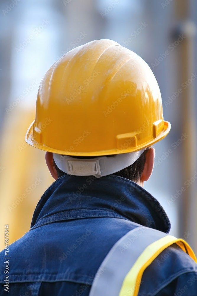 Builder in yellow hard hat focuses on construction site activities during daylight hours Builder in yellow hard hat focuses on construction site activities during daylight hours