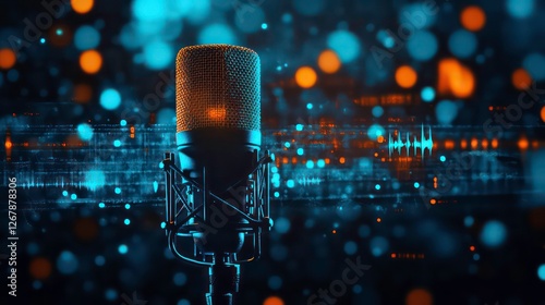 Recording studio microphone, vibrant bokeh, sound waves, digital art, professional audio photo