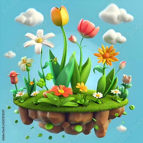 3D Cartoon Flower Island. Springtime Floral Fantasy