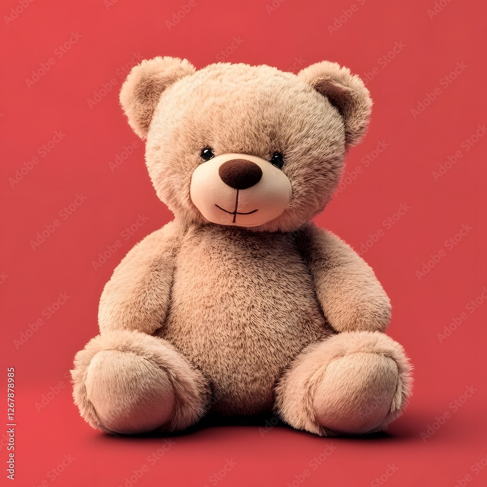 Obraz premium Plush Teddy Bear with Soft Texture on Clean Red Background