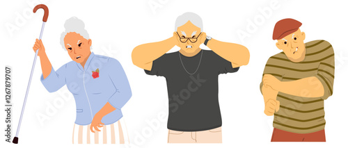 An elderly woman with a cane appears angry while an older man covers his ears. Another man in a cap shows signs of irritation. Their expressions convey strong emotions.