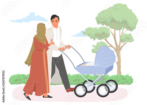 A man and a woman are walking together in a park, pushing a baby stroller. The woman is wearing a headscarf and a long dress while enjoying the pleasant weather and greenery around.