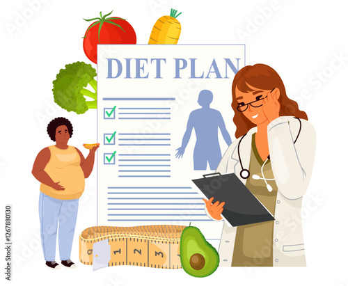 A health professional reviews a diet plan with a patient while fruits and vegetables are displayed. They discuss nutritious options for effective weight management.