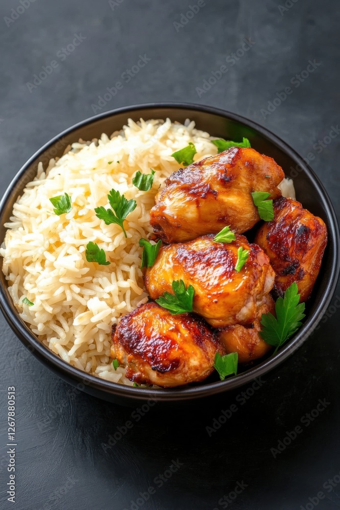 Savory yassa chicken served with aromatic rice and garnished with fresh herbs Savory yassa chicken served with aromatic rice and garnished with fresh herbs