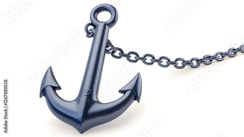 Glossy Black Boat Anchor with Chain Isolated on White Background