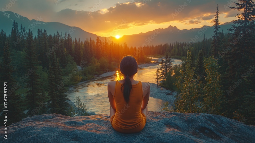 woman standing on a nature trail with a breathtaking sunset view, enjoying the peaceful golden hour over the mountains, trees, and flowing river woman standing on a nature trail with a breathtaking sunset view, enjoying the peaceful golden hour over the mountains, trees, and flowing river