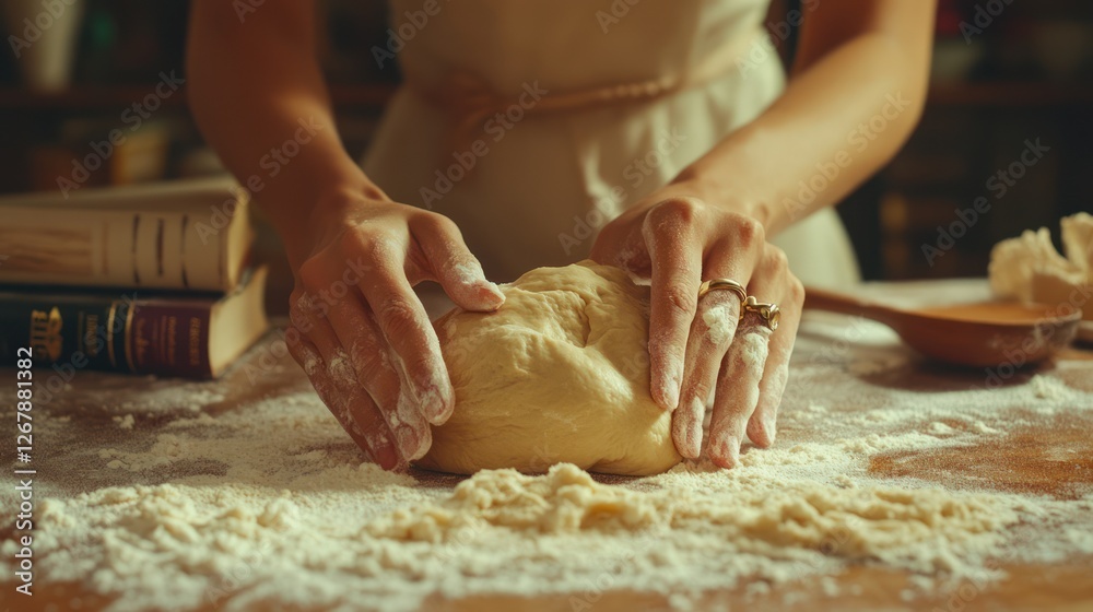 Feminine hands kneading dough on floured countertop with baking books and wooden spoon in background, warm and inviting color scheme with copy space for recipe blog posts and cookbook covers Feminine hands kneading dough on floured countertop with baking books and wooden spoon in background, warm and inviting color scheme with copy space for recipe blog posts and cookbook covers