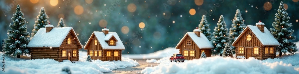 Wooden Christmas village scenes decorated with snow and trees, Christmas town, holiday theme Wooden Christmas village scenes decorated with snow and trees, Christmas town, holiday theme